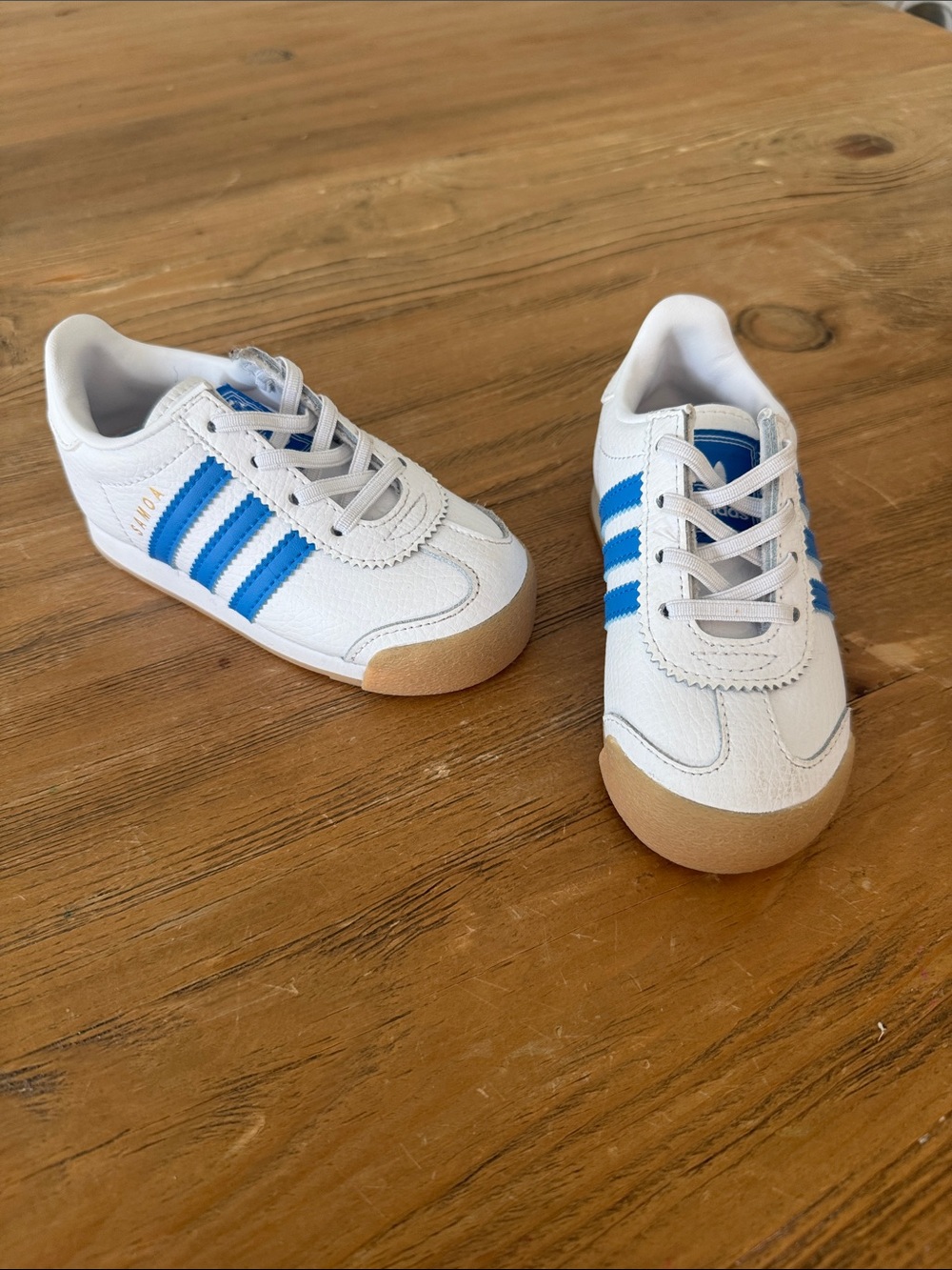 adidas Kids White Sneakers with Blue Stripes and Gum Sole